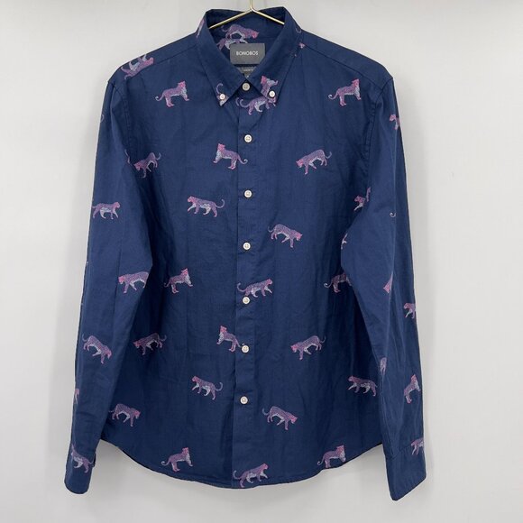 Bonobos Mens Navy Button Down Shirt Pink & Purple Leopard Print Standard Fit M - Picture 1 of 10